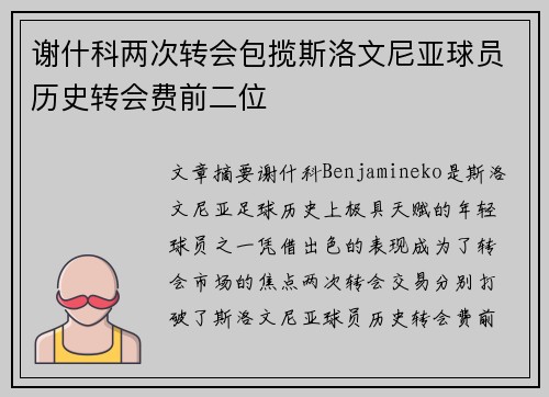 谢什科两次转会包揽斯洛文尼亚球员历史转会费前二位