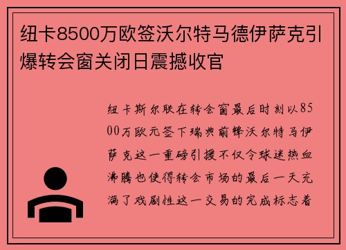 纽卡8500万欧签沃尔特马德伊萨克引爆转会窗关闭日震撼收官